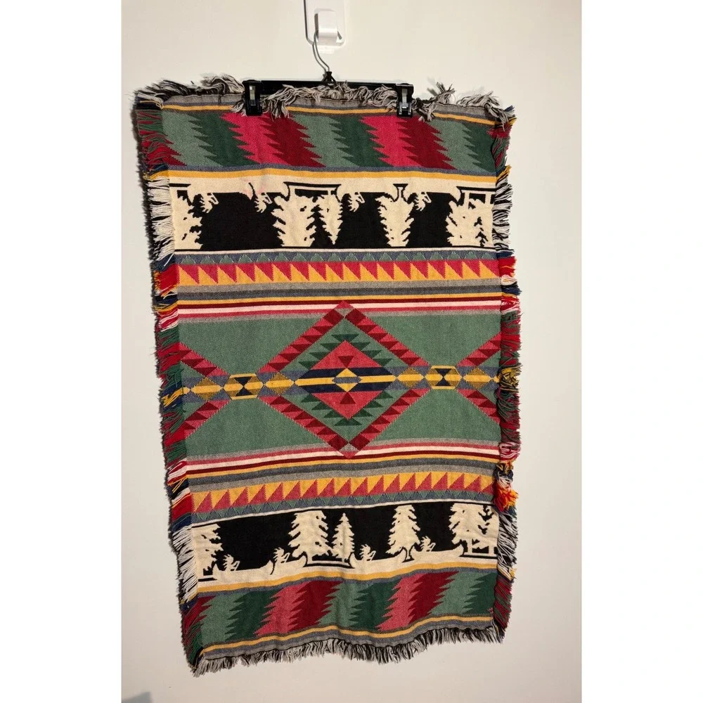 Vintage Aztec Southwestern‎ Tapestry Blanket Rug Pine Tree Lodge Afghan 42x26